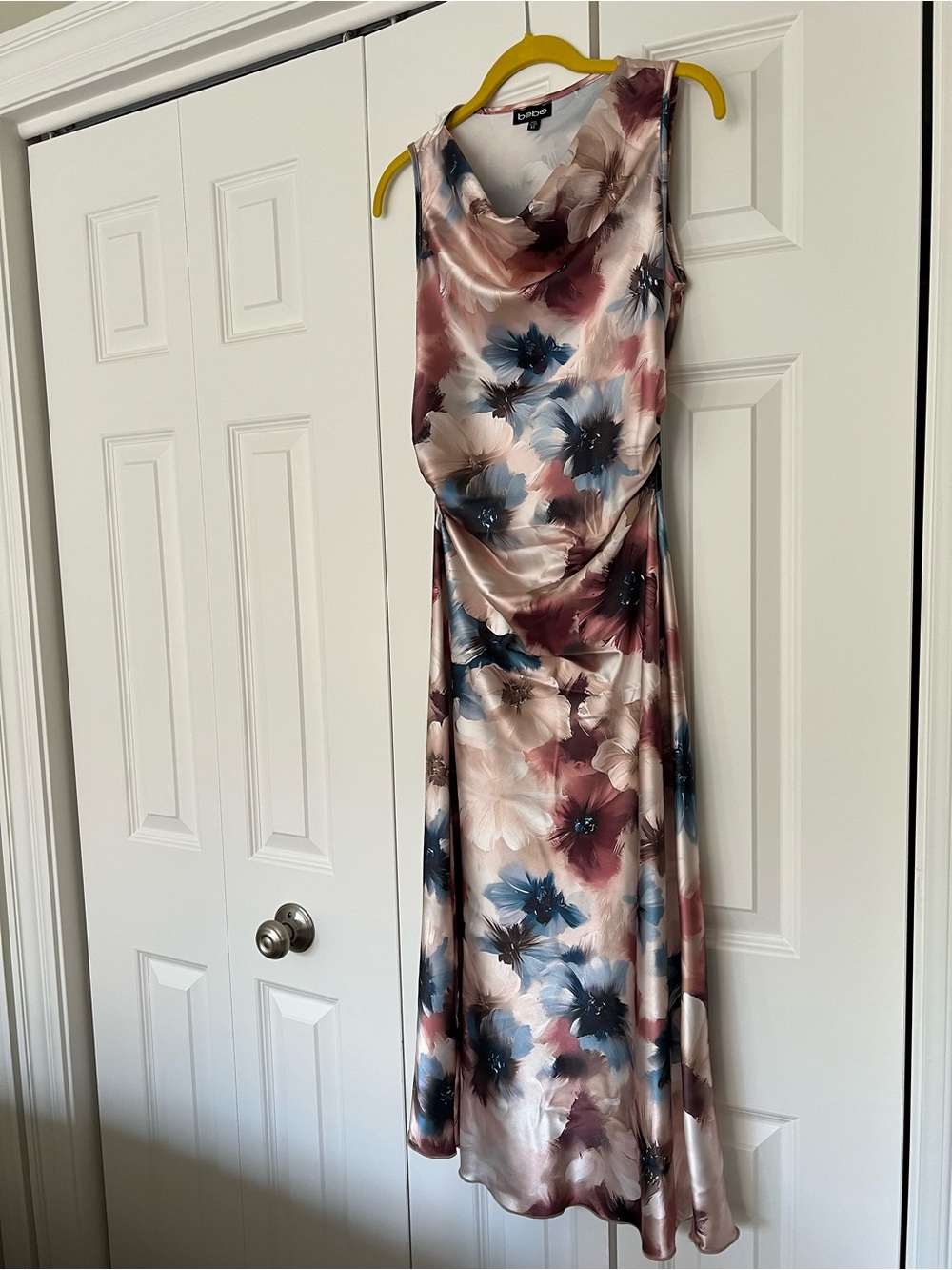 Bebe - Blush Pink & Blue Floral Satin Midi Dress